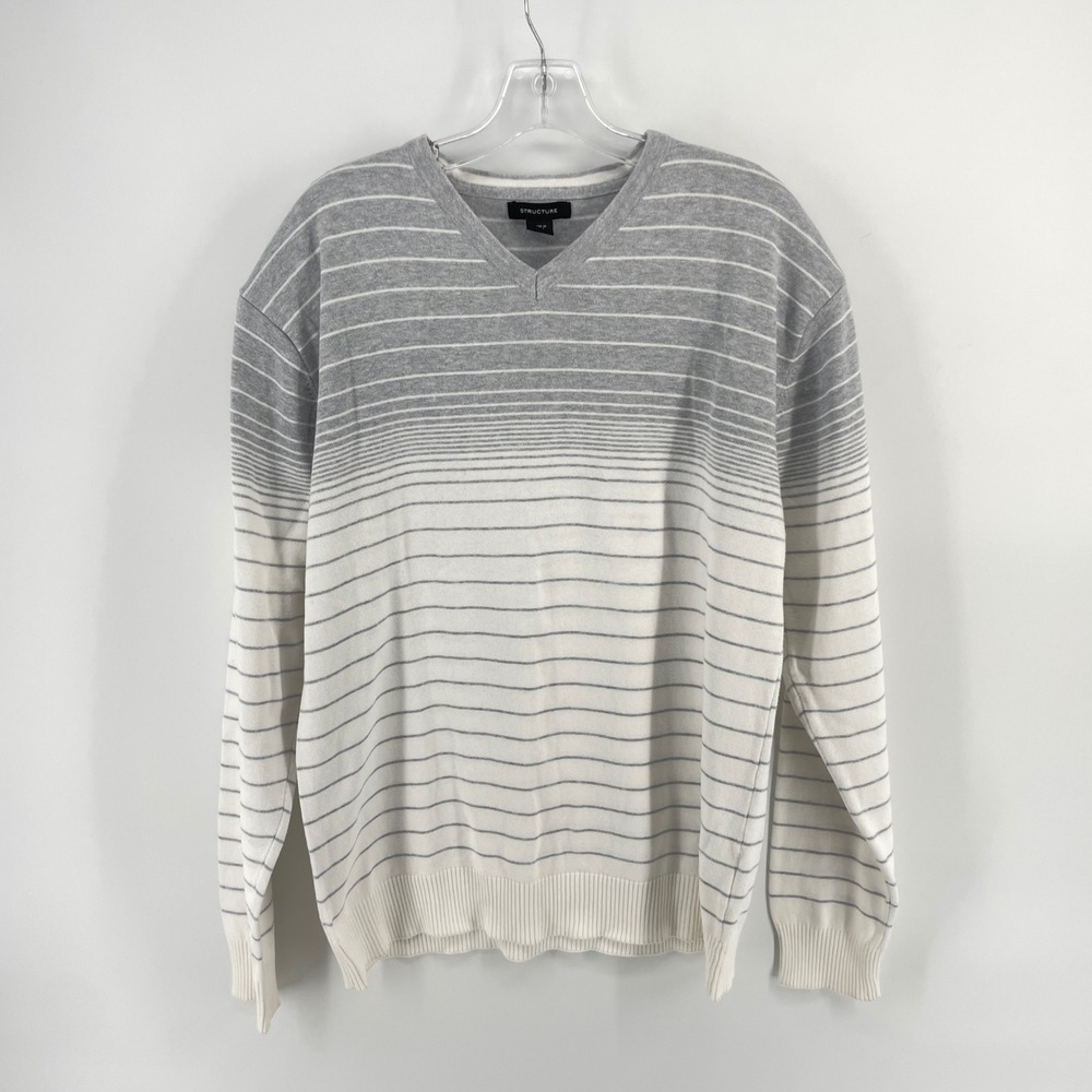 VTG Structure V-Neck‎ Mens XL (M) Gray White Striped Ombre Cotton Knit Sweater